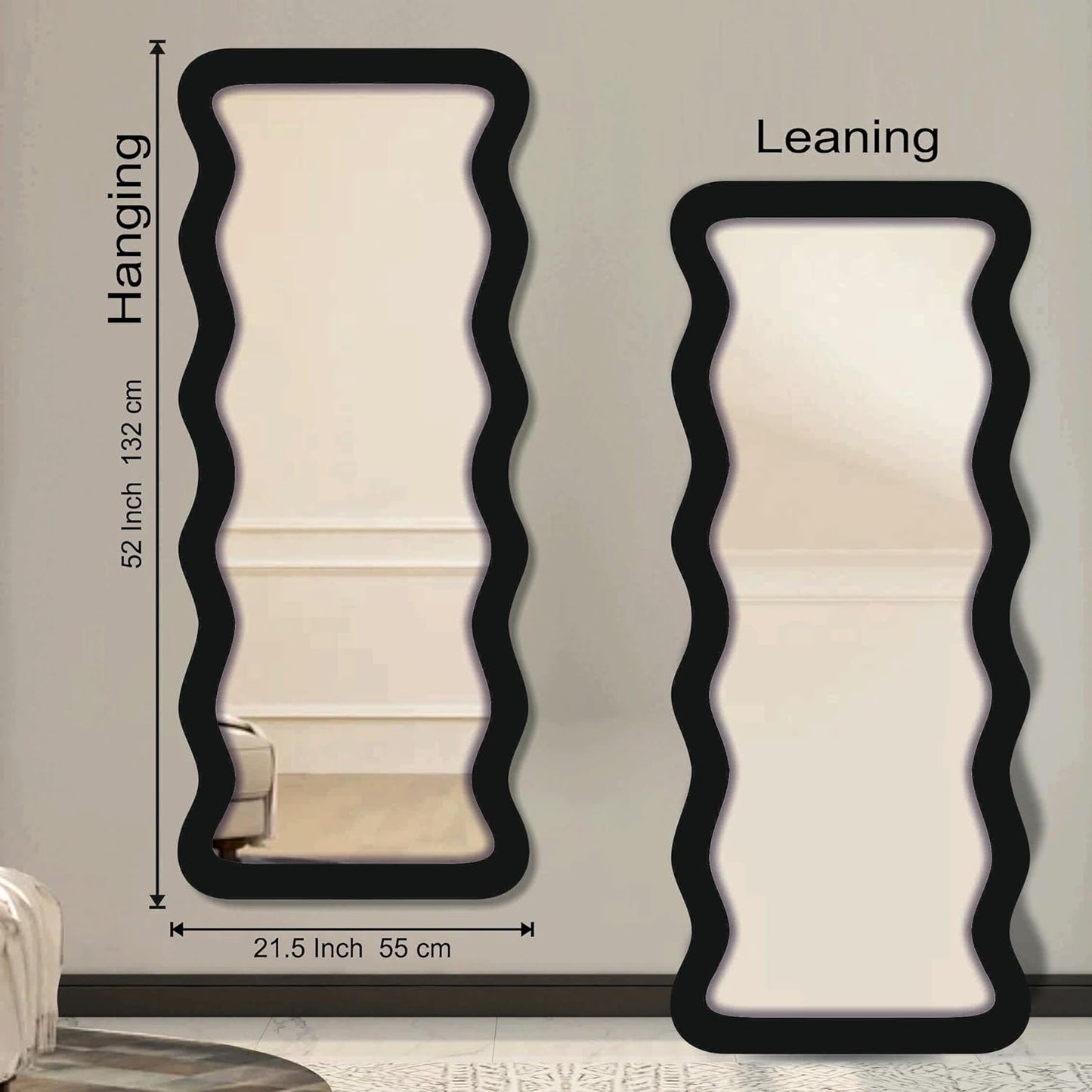 22 x 52 inch Full Length Dressing Cheval Mirror – Zigzag Curvy Irregular Shape MDF Wood Framed HD Mirror for Bedroom, Living Room & Home Decor