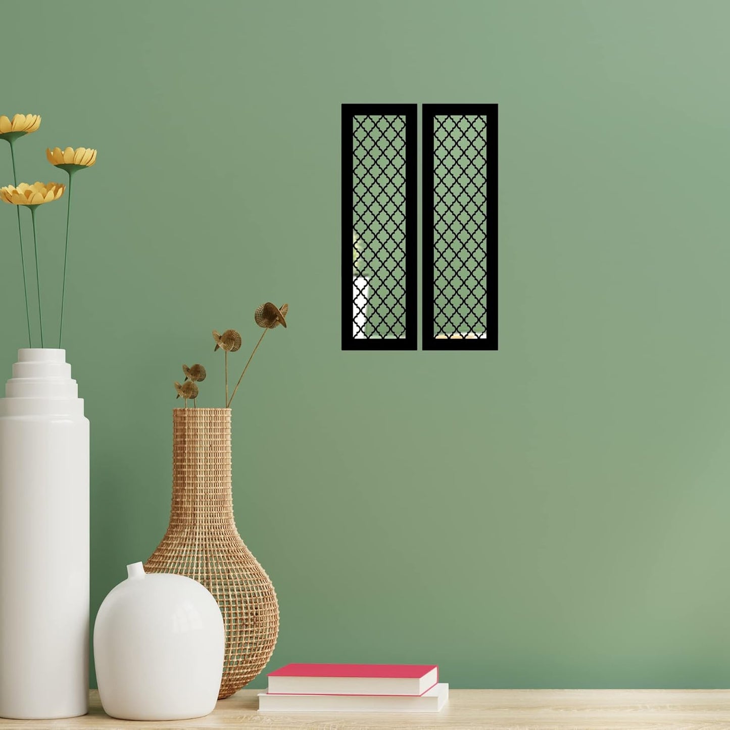 4X13 Set of 2 Handcrafted Wooden Wall Mirror Panels – Jharokha Style Decorative Wall Accents for Living Room, Bedroom, Lobby, or Entryway Wall Décor