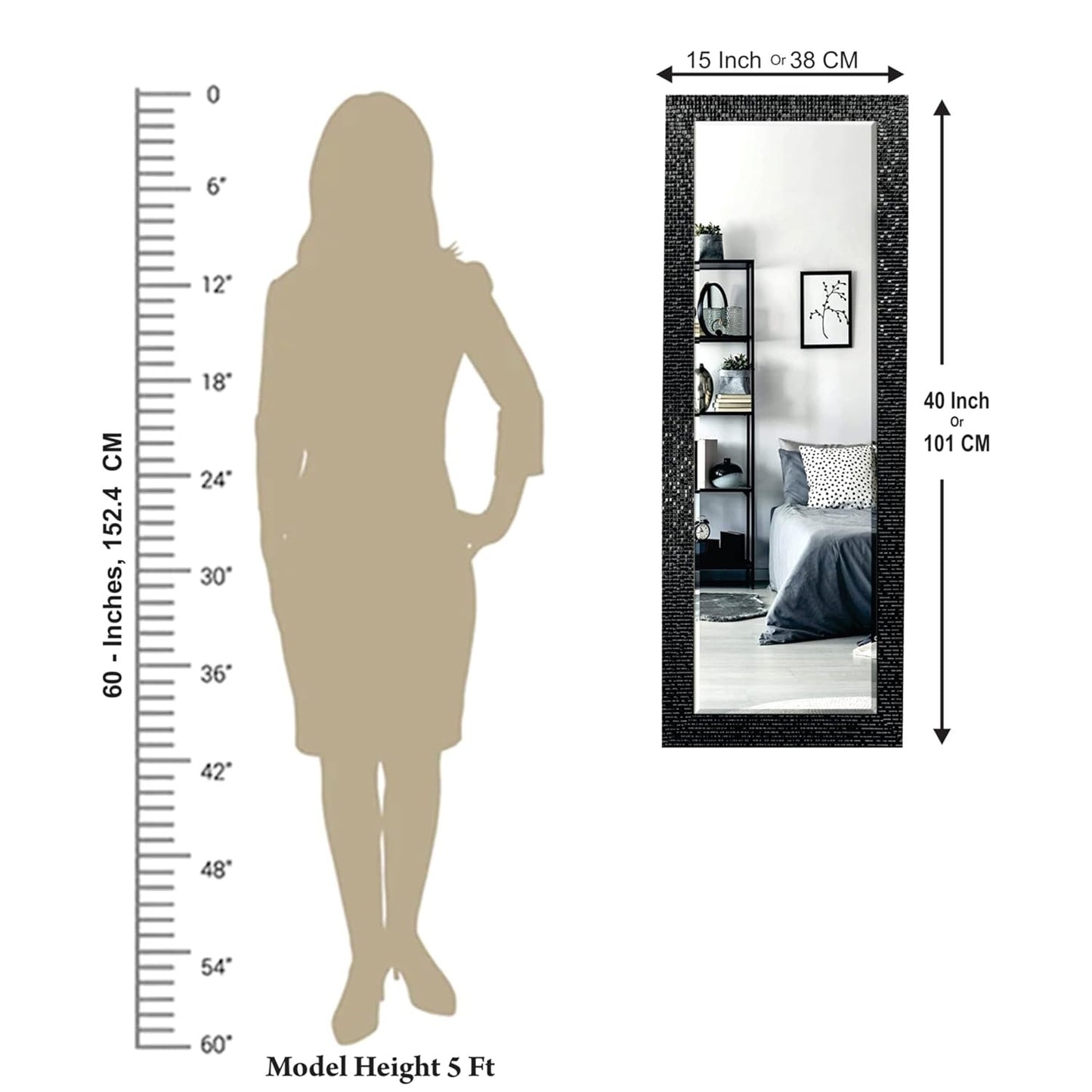15x40 inch rectangular wall mirror with long fiber wood frame; wall-mounted design adds a sleek, modern touch to any home or living room décor