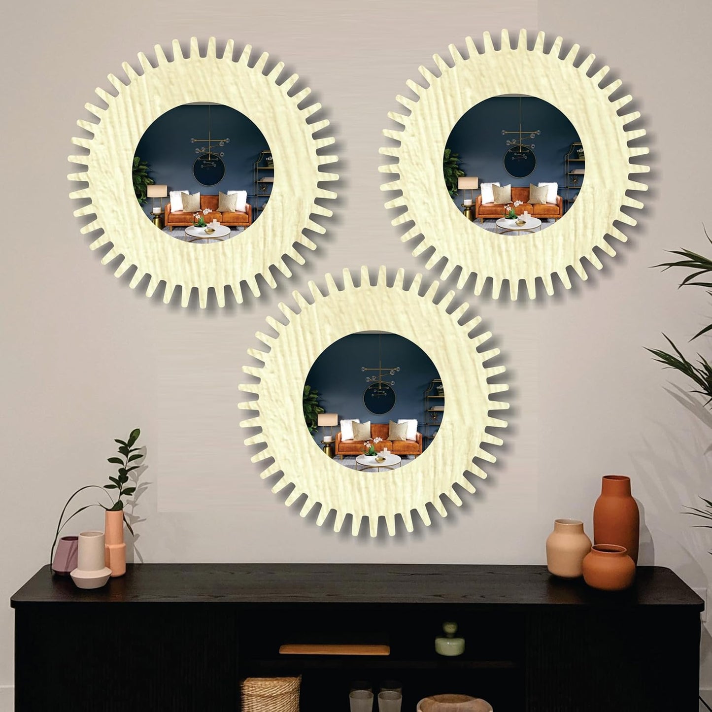 11-inch Round Decorative Wall Mirror Set - Handcrafted Wooden Frame HD Mirror Panels for Living Room & Bedroom Decor - Modern Sunburst Design (Set of 3)