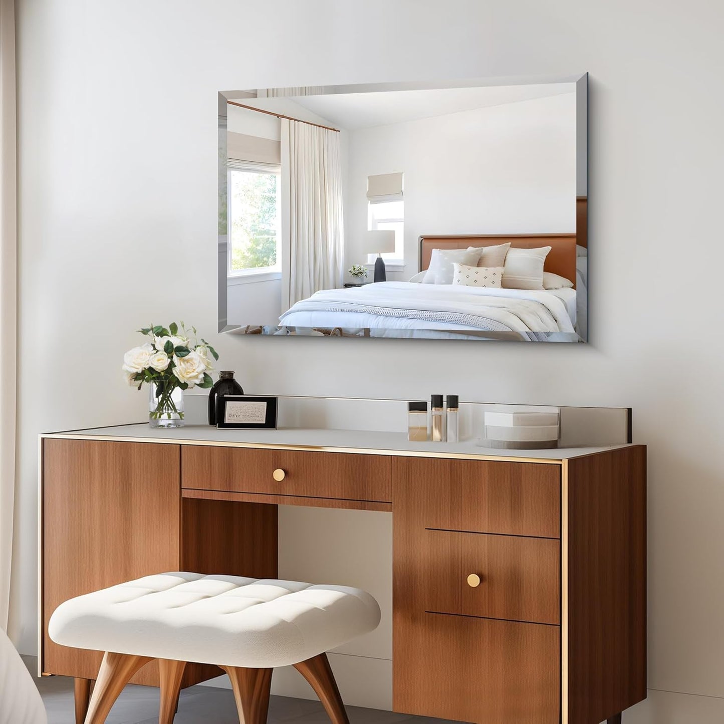 Frameless HD Rectangular mirror with beveled smooth edges and wall mount design; adds a clear, modern elegance to any home décor or living space