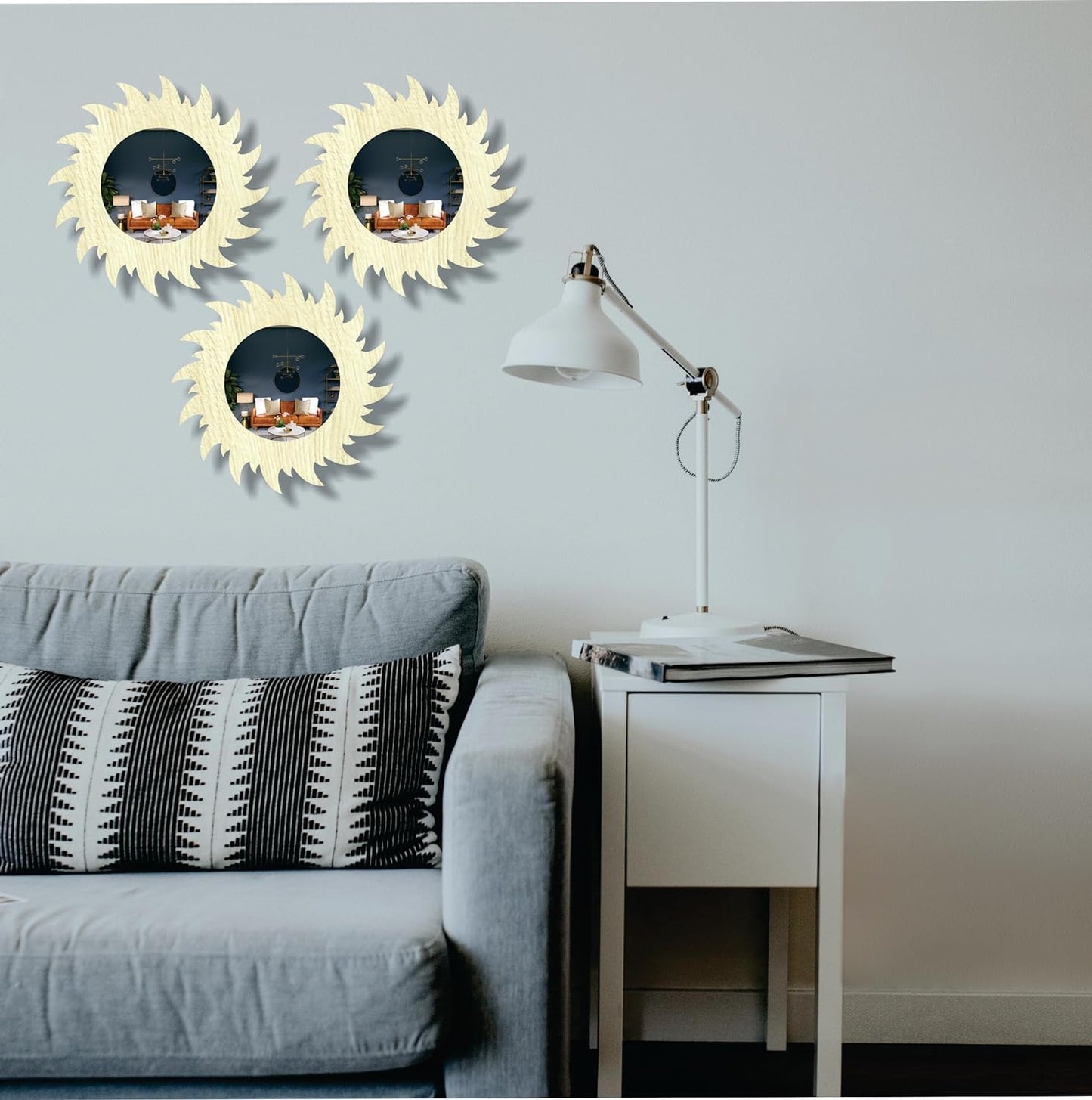 11-inch Round Decorative Wall Mirror Set - Handcrafted Wooden Frame HD Mirror Panels for Living Room & Bedroom Decor - Modern Sunburst Design (Set of 3)