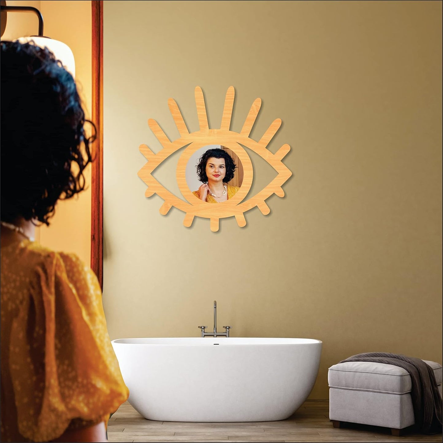 Eye-Shaped Wooden Decorative Wall Mirror – Wall-Mounted Pine Wood Mirror for Living Room, Bedroom, Entryway, and Home Decor