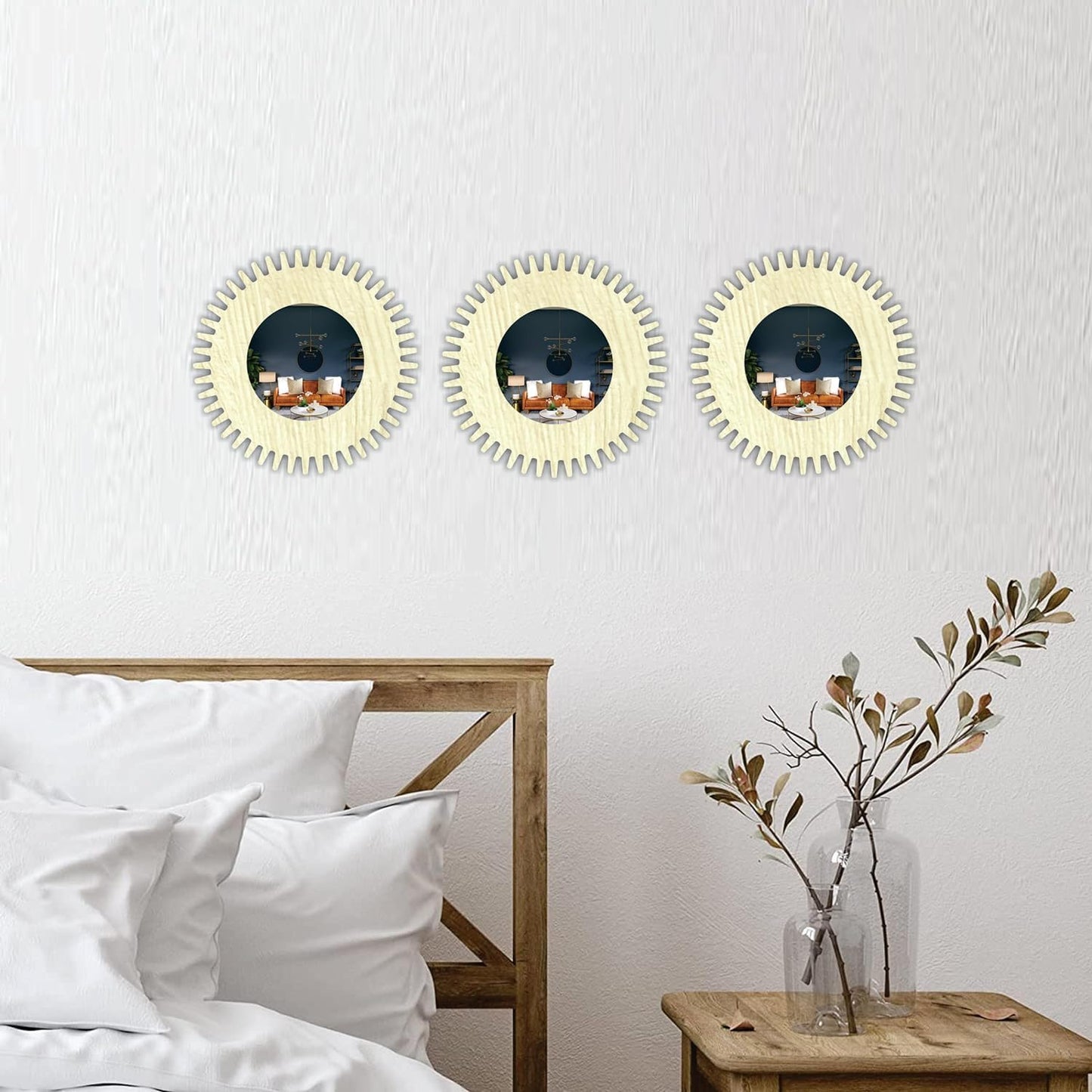 11-inch Round Decorative Wall Mirror Set - Handcrafted Wooden Frame HD Mirror Panels for Living Room & Bedroom Decor - Modern Sunburst Design (Set of 3)