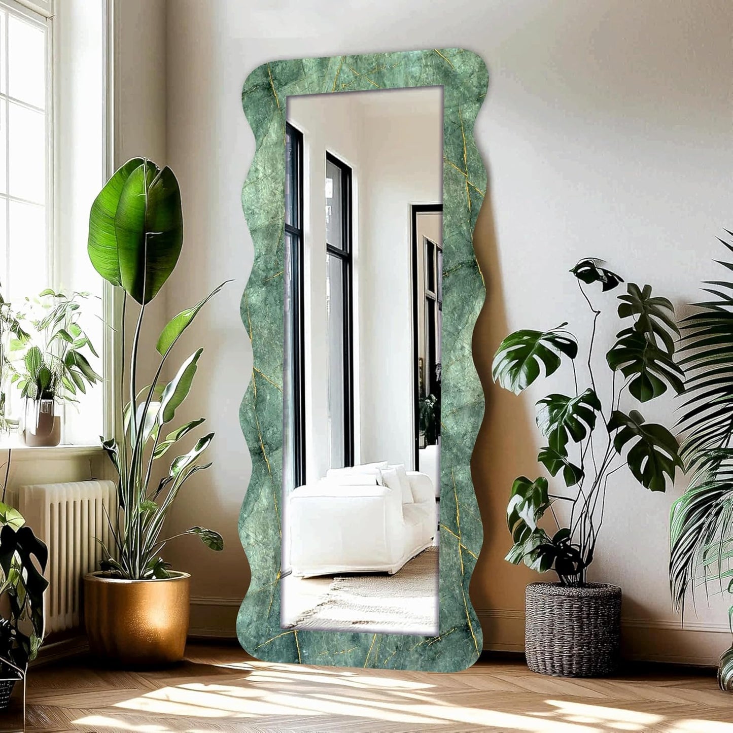 22 x 52 inch Full Length Dressing Cheval Mirror – Zigzag Curvy Irregular Shape, Long MDF Wood Framed HD Mirror for Bedroom, Living Room & Home Decor