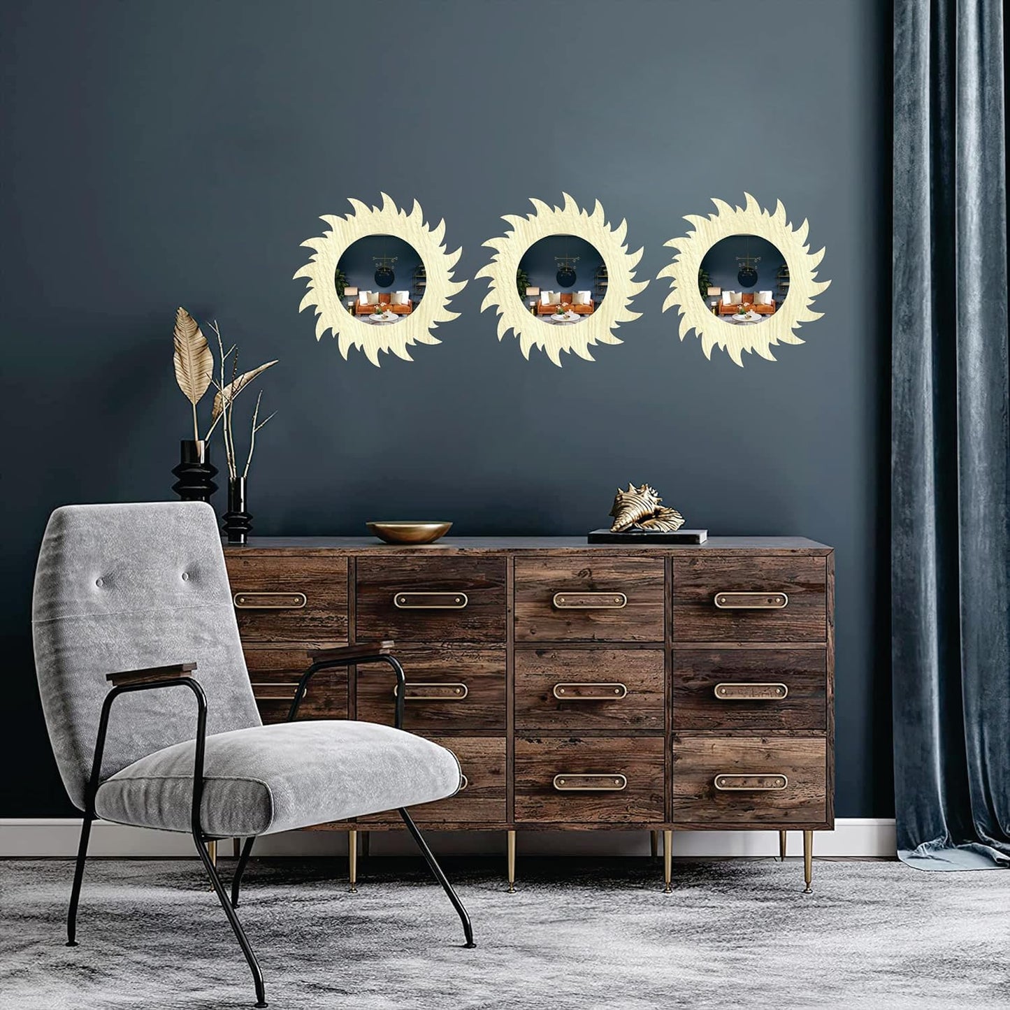 11-inch Round Decorative Wall Mirror Set - Handcrafted Wooden Frame HD Mirror Panels for Living Room & Bedroom Decor - Modern Sunburst Design (Set of 3)