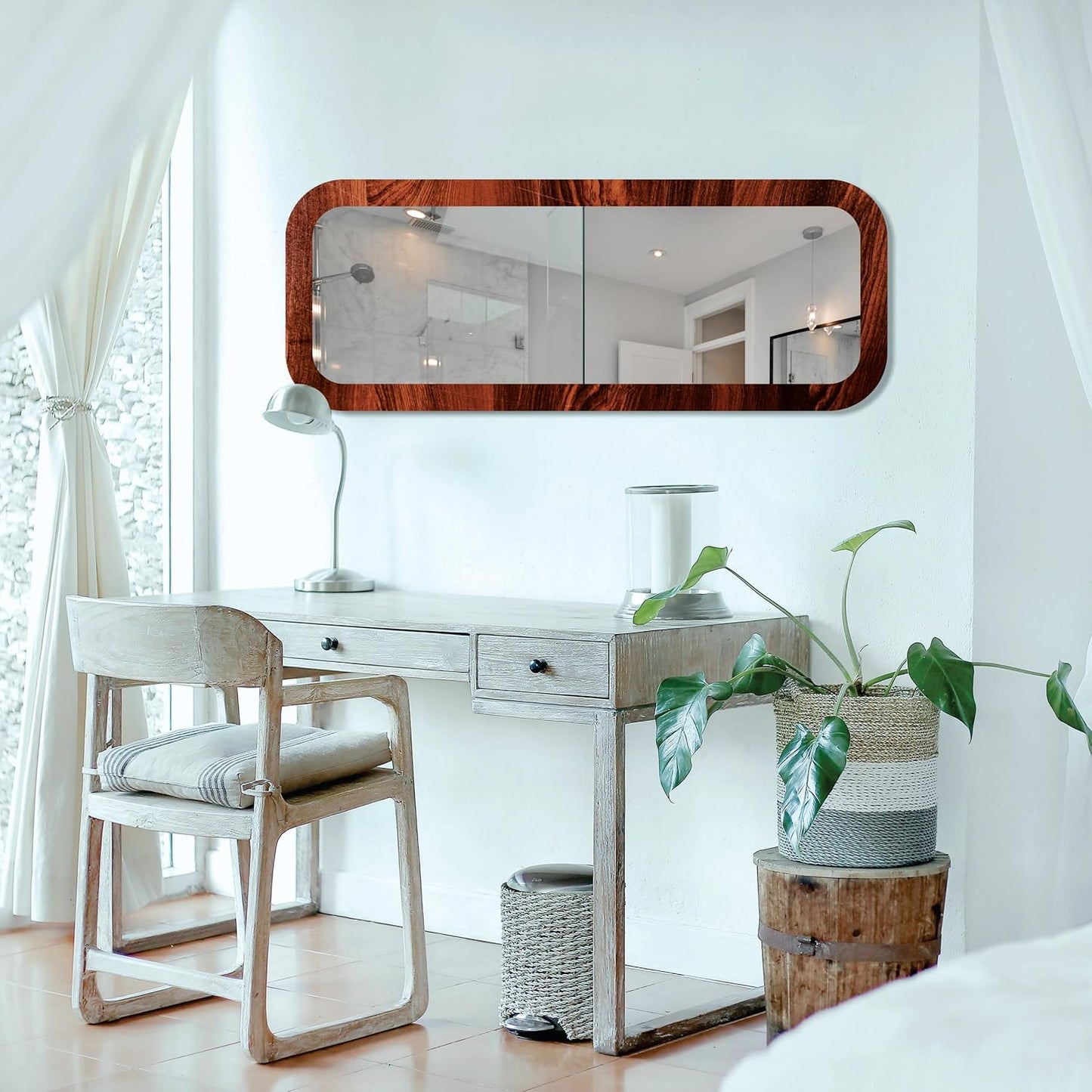 Rectangular 15x40 inch wall mirror with round corners and long fiber wood frame; perfect wall-mounted décor piece for a modern, stylish home look