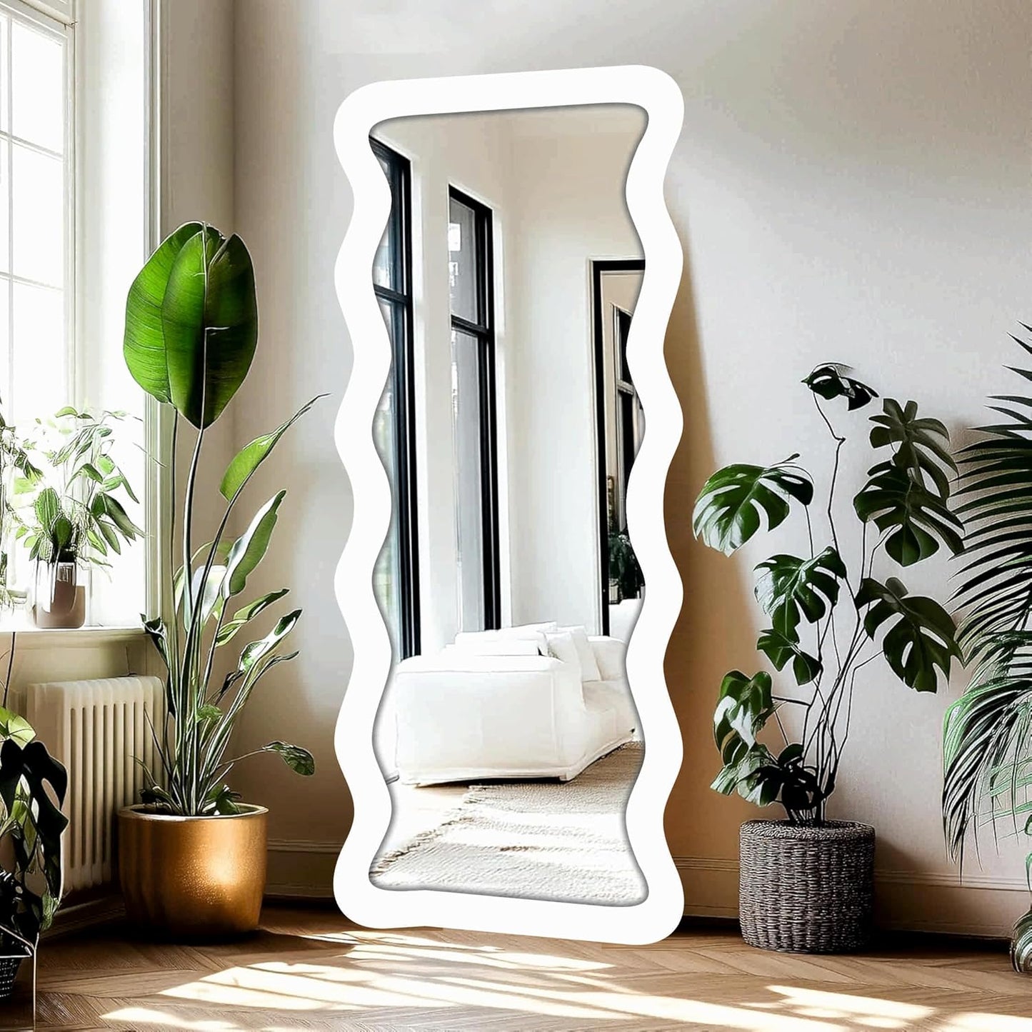 22 x 52 inch Full Length Dressing Cheval Mirror – Zigzag Curvy Irregular Shape MDF Wood Framed HD Mirror for Bedroom, Living Room & Home Decor