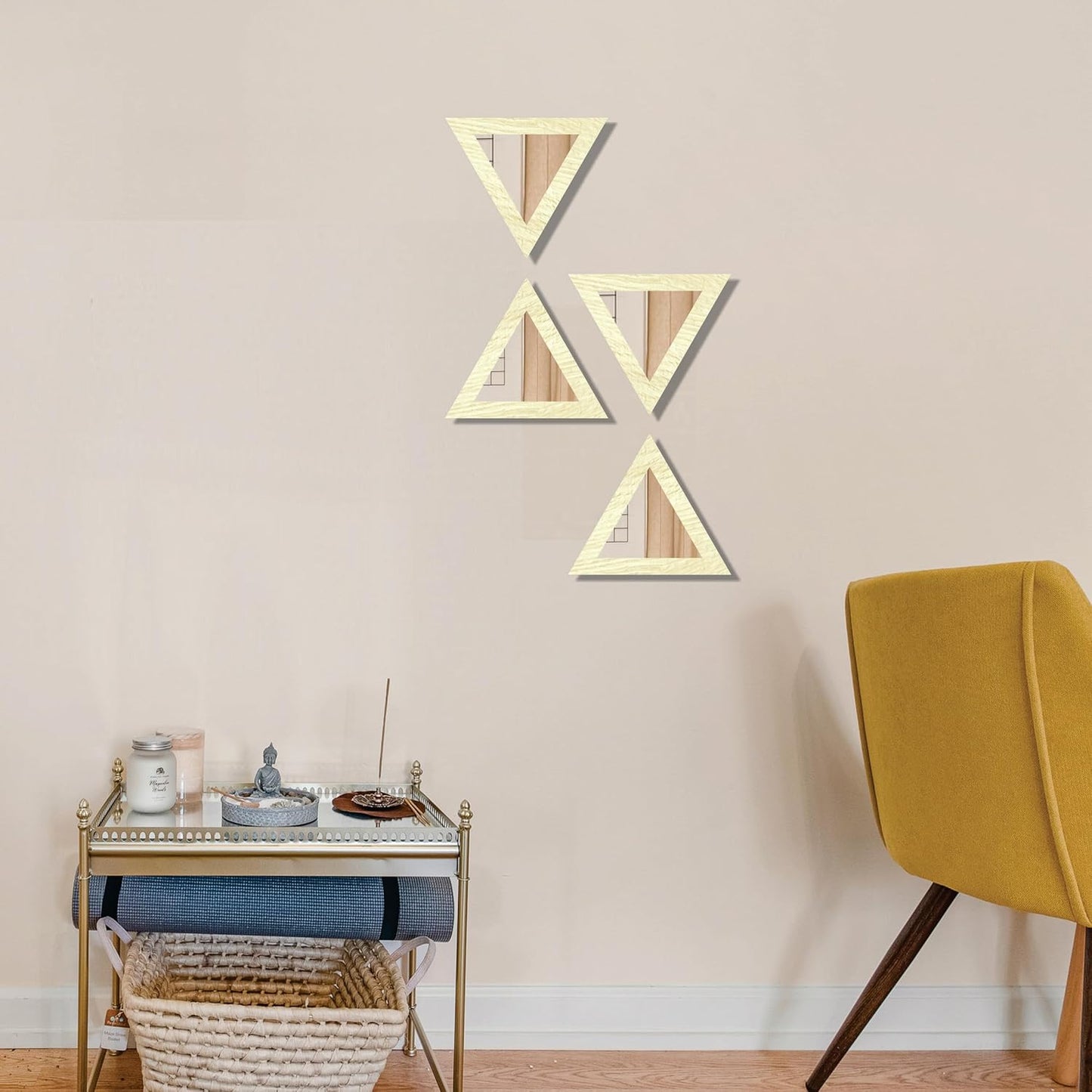 Triangular Wooden Wall Mirror Set of 4 – Self-Adhesive Decorative Mirrors for Living Room, Bedroom, Home Office, Lobby – 10x10 Inch Each