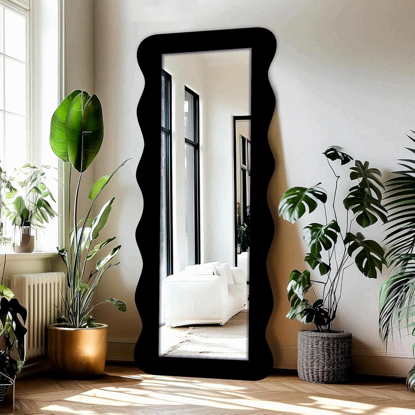 22 x 52 inch Full Length Dressing Cheval Mirror – Zigzag Curvy Irregular Shape, Long MDF Wood Framed HD Mirror for Bedroom, Living Room & Home Decor