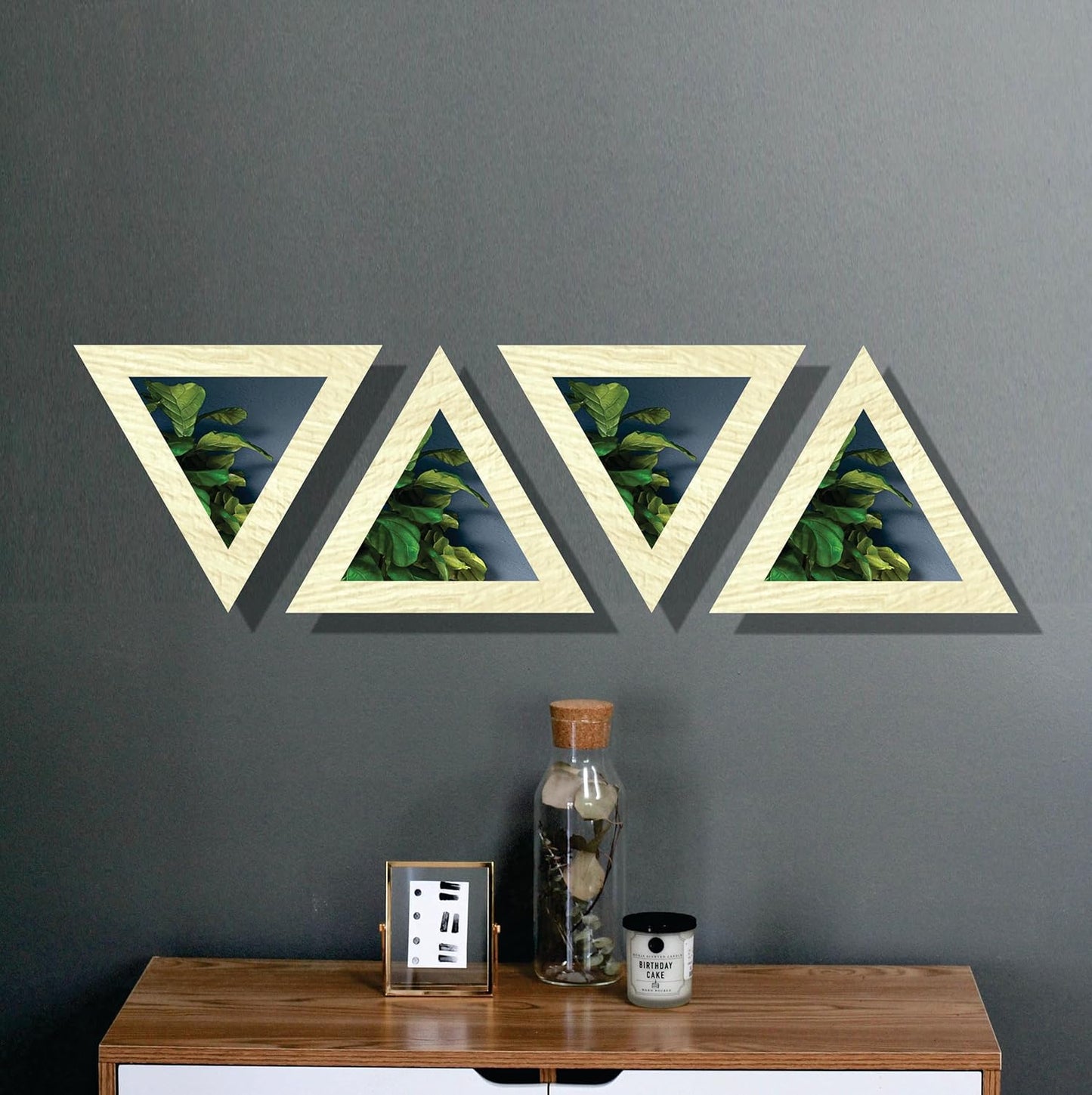 Triangular Wooden Wall Mirror Set of 4 – Self-Adhesive Decorative Mirrors for Living Room, Bedroom, Home Office, Lobby – 10x10 Inch Each