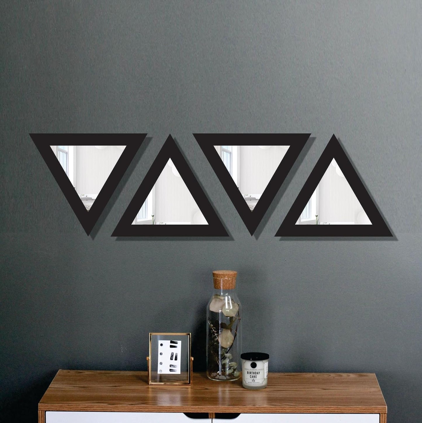 Triangular Wooden Wall Mirror Set of 4 – Self-Adhesive Decorative Mirrors for Living Room, Bedroom, Home Office, Lobby – 10x10 Inch Each