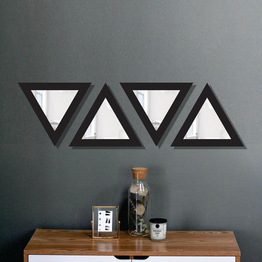 Triangular Wooden Wall Mirror Set of 4 – Self-Adhesive Decorative Mirrors for Living Room, Bedroom, Home Office, Lobby – 10x10 Inch Each
