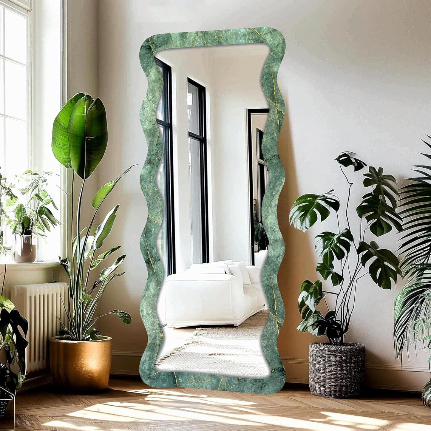 22 x 52 inch Full Length Dressing Cheval Mirror – Zigzag Curvy Irregular Shape MDF Wood Framed HD Mirror for Bedroom, Living Room & Home Decor