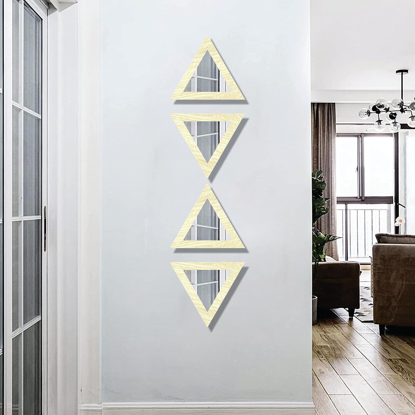 Triangular Wooden Wall Mirror Set of 4 – Self-Adhesive Decorative Mirrors for Living Room, Bedroom, Home Office, Lobby – 10x10 Inch Each