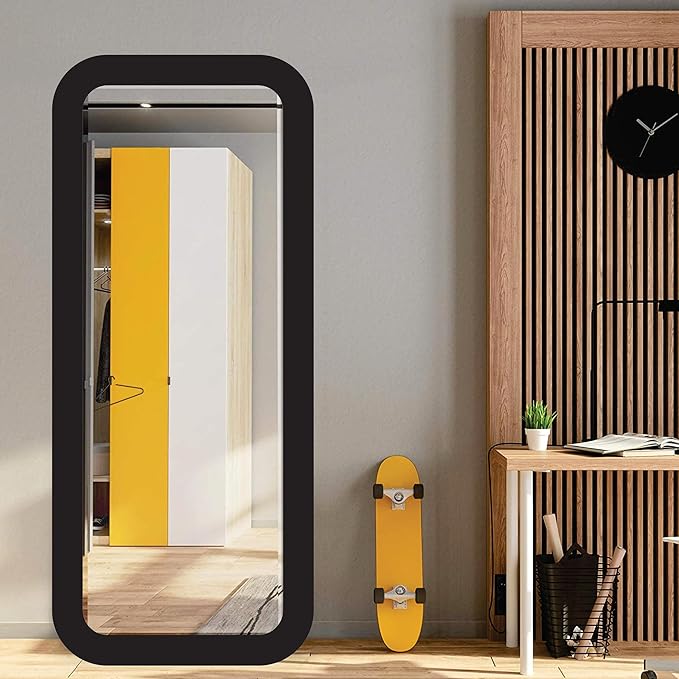 Rectangular 15x40 inch wall mirror with round corners and long fiber wood frame; perfect wall-mounted décor piece for a modern, stylish home look