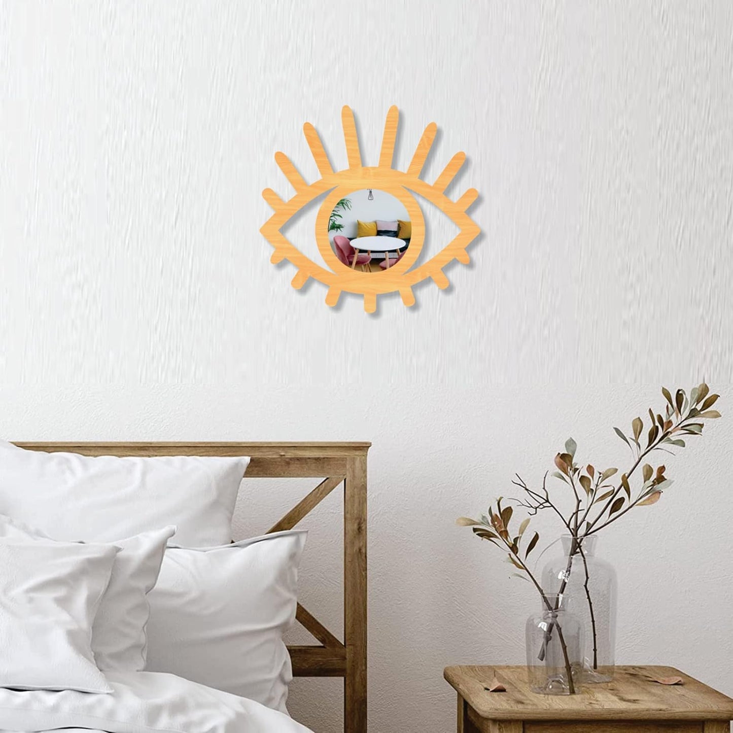 Eye-Shaped Wooden Decorative Wall Mirror – Wall-Mounted Pine Wood Mirror for Living Room, Bedroom, Entryway, and Home Decor