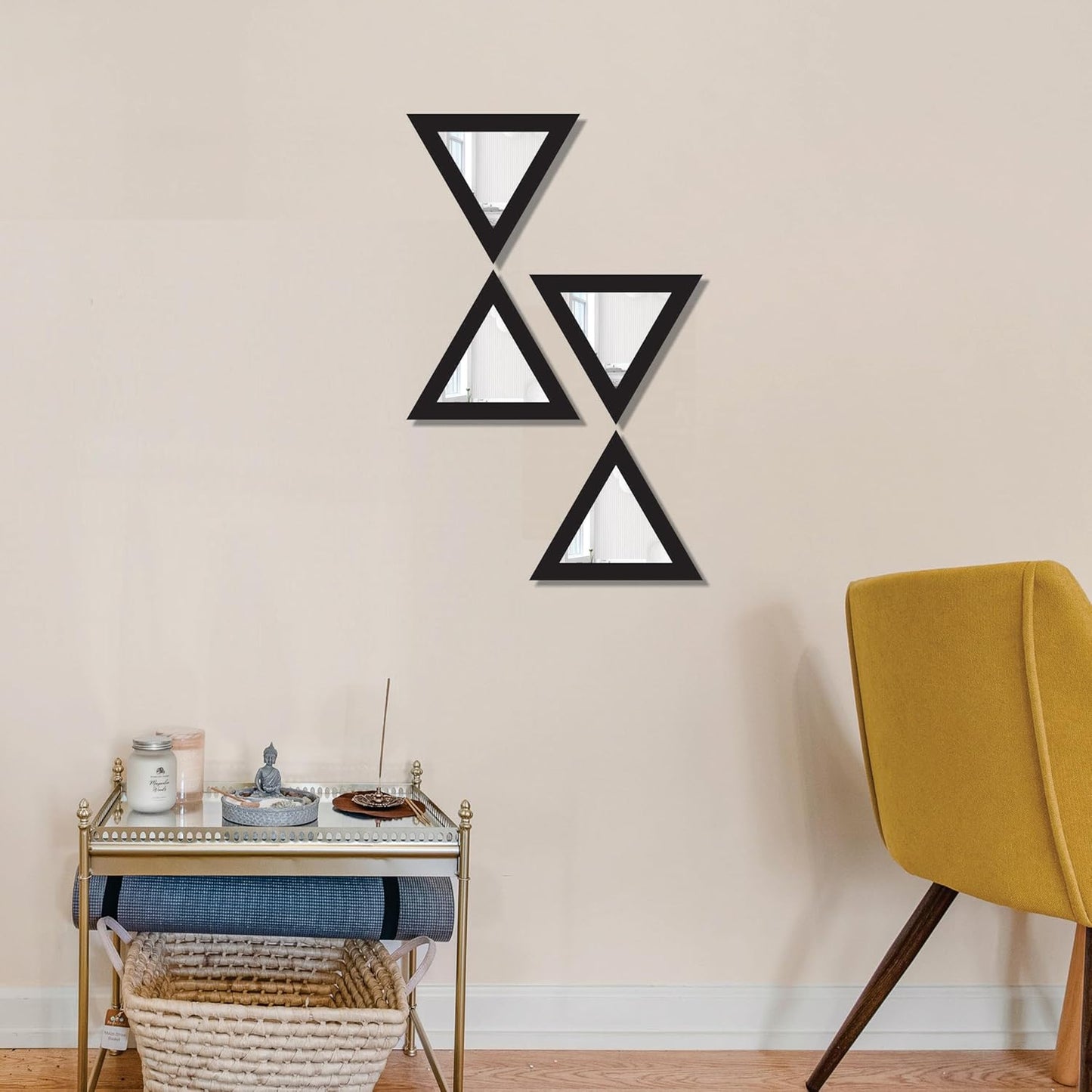 Triangular Wooden Wall Mirror Set of 4 – Self-Adhesive Decorative Mirrors for Living Room, Bedroom, Home Office, Lobby – 10x10 Inch Each