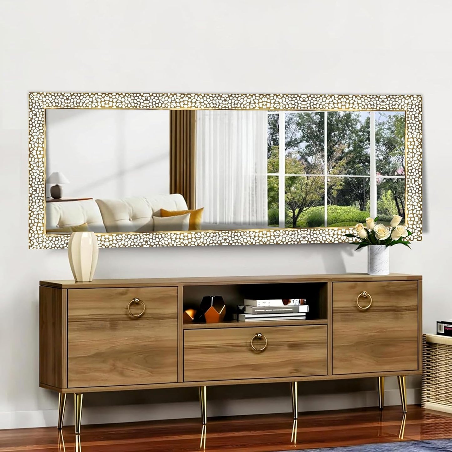 18 x 60 inch Full Length Dressing Cheval Mirror – Long Fiber Wood, Rectangular, Wall Hanging & Leaning Framed HD Mirror for Home & Living Room