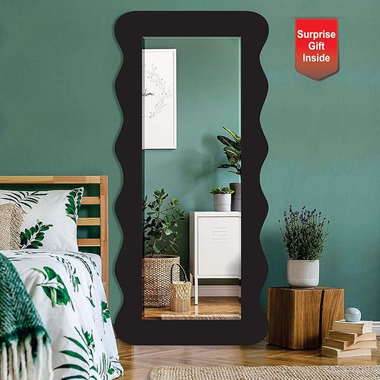 22 x 52 inch Full Length Dressing Cheval Mirror – Zigzag Curvy Irregular Shape, Long MDF Wood Framed HD Mirror for Bedroom, Living Room & Home Decor