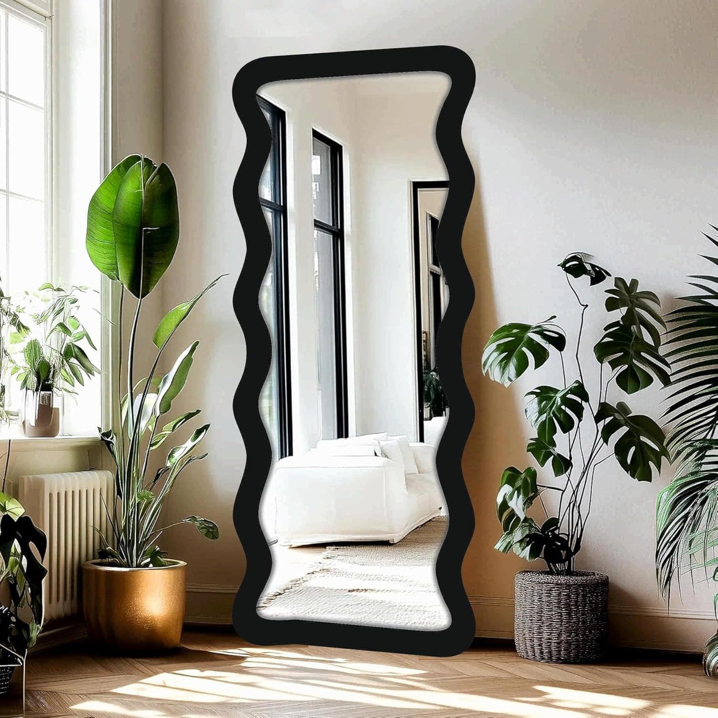 22 x 52 inch Full Length Dressing Cheval Mirror – Zigzag Curvy Irregular Shape MDF Wood Framed HD Mirror for Bedroom, Living Room & Home Decor