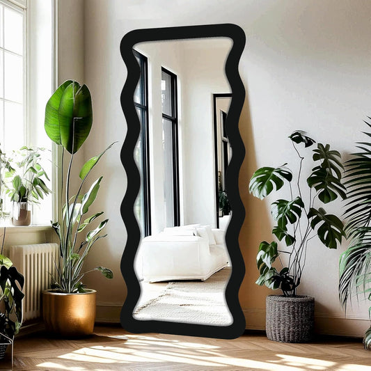 22 x 52 inch Full Length Dressing Cheval Mirror – Zigzag Curvy Irregular Shape MDF Wood Framed HD Mirror for Bedroom, Living Room & Home Decor