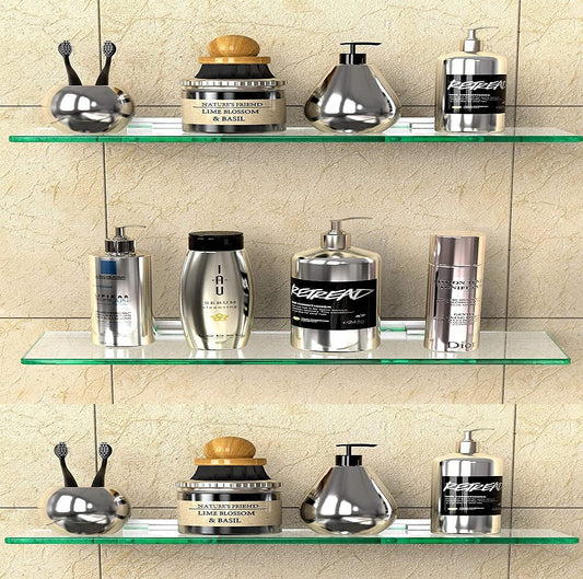 15x6 Set of 3 Wall Mounted Polished Glass Shelves | Multi-Purpose Floating Shelf for Bathroom, Kitchen, Living Room, Office, Bedroom