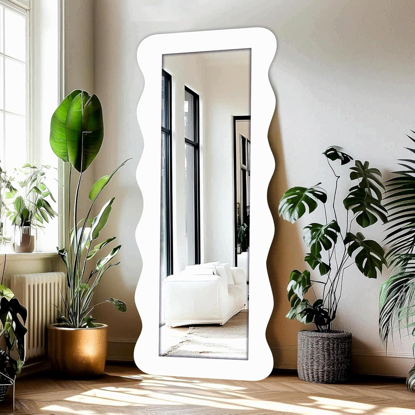 22 x 52 inch Full Length Dressing Cheval Mirror – Zigzag Curvy Irregular Shape, Long MDF Wood Framed HD Mirror for Bedroom, Living Room & Home Decor