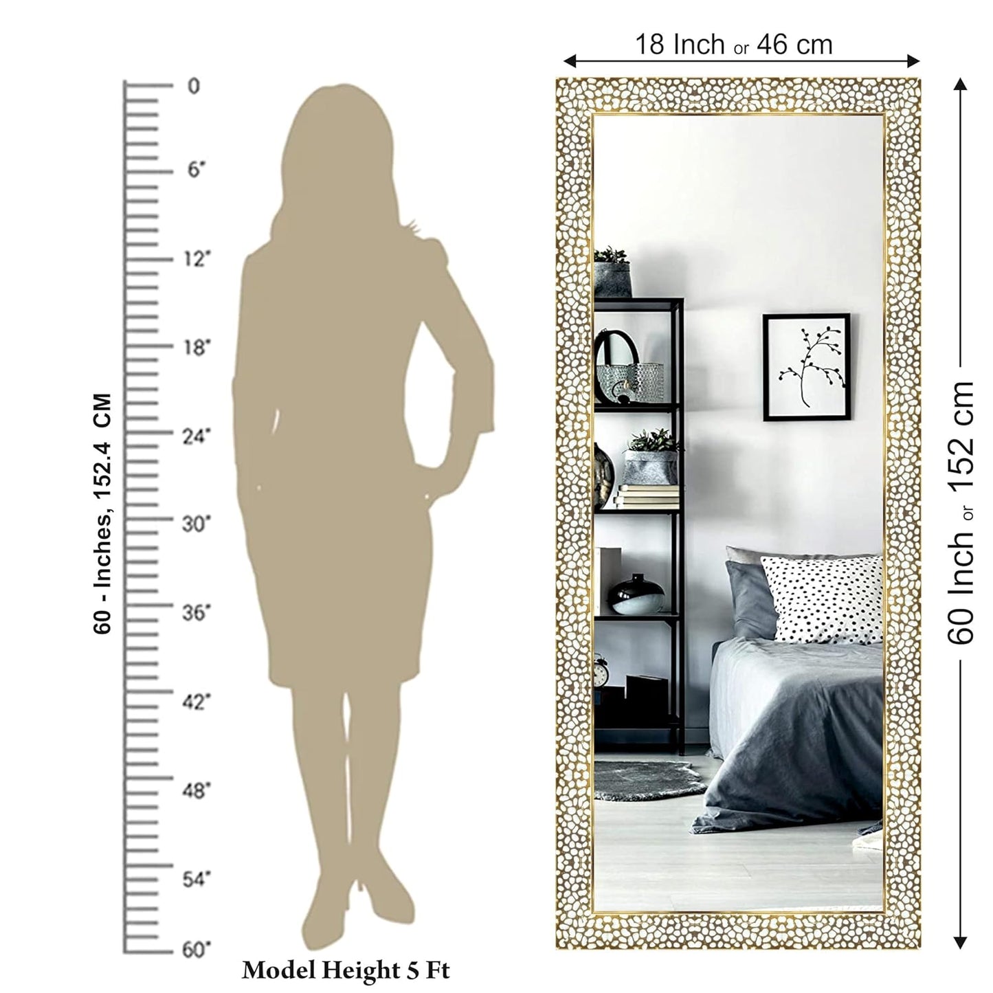 18 x 60 inch Full Length Dressing Cheval Mirror – Long Fiber Wood, Rectangular, Wall Hanging & Leaning Framed HD Mirror for Home & Living Room