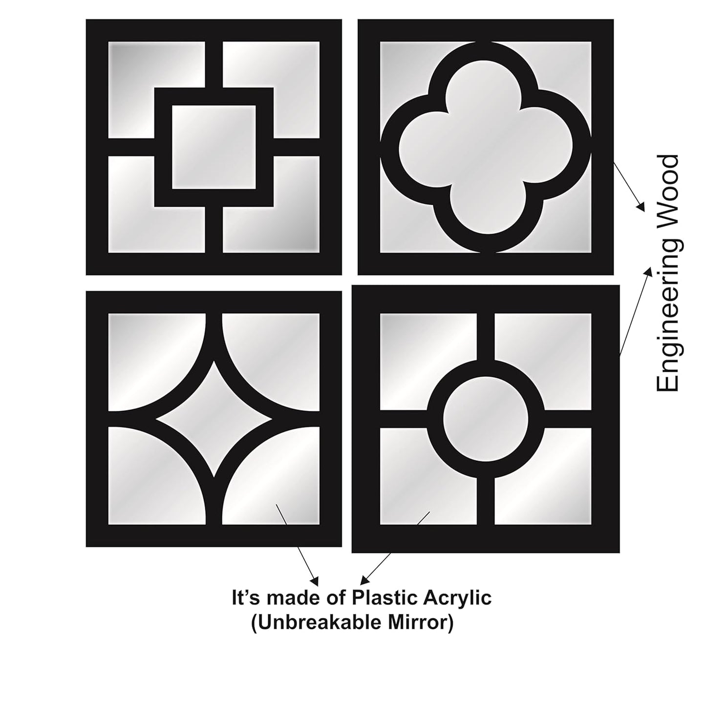 Handcrafted Wooden Wall Mirror Panel Set of 4 – HOME Letter Square Mirrors for Living Room, Bedroom, Lobby – Modern Black Wall Décor
