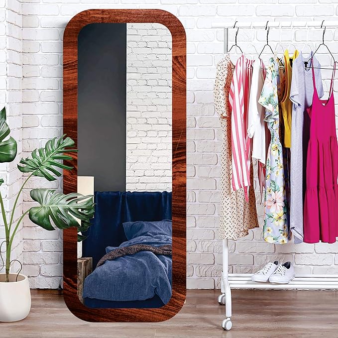 Rectangular 15x40 inch wall mirror with round corners and long fiber wood frame; perfect wall-mounted décor piece for a modern, stylish home look
