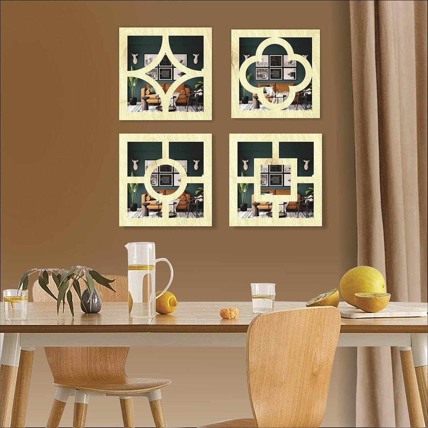 Handcrafted Wooden Wall Mirror Panel Set of 4 – HOME Letter Square Mirrors for Living Room, Bedroom, Lobby – Modern Black Wall Décor