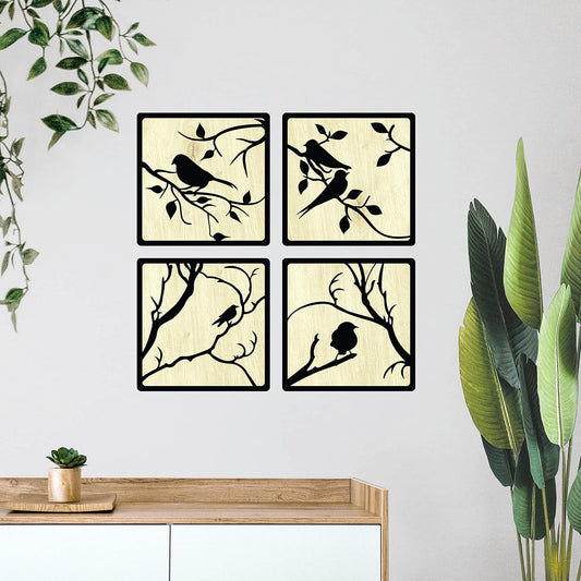 11 x 11 inch Bird-Themed Wooden Wall Decor Art | Self-Adhesive Dual-Tone MDF Wall Hanging for Living Room, Bedroom, Office