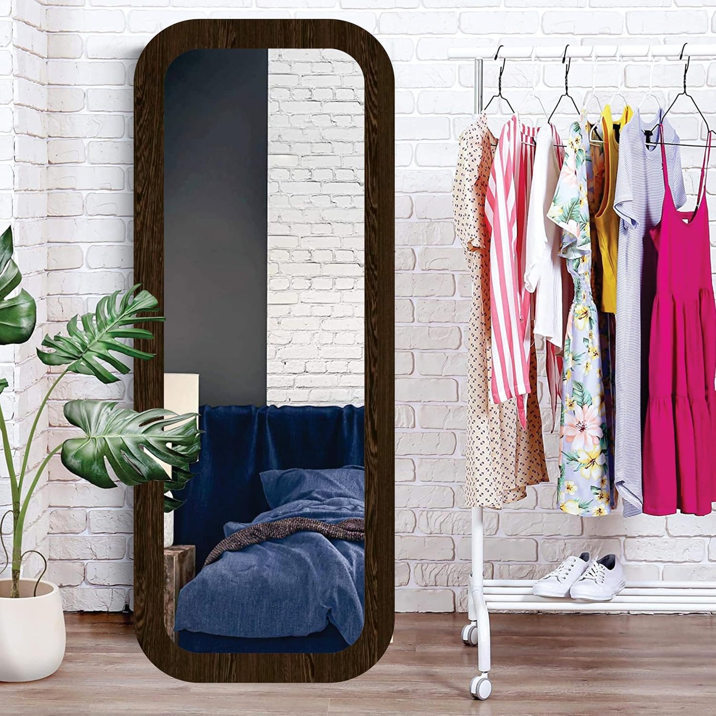 Rectangular 15x40 inch wall mirror with round corners and long fiber wood frame; perfect wall-mounted décor piece for a modern, stylish home look