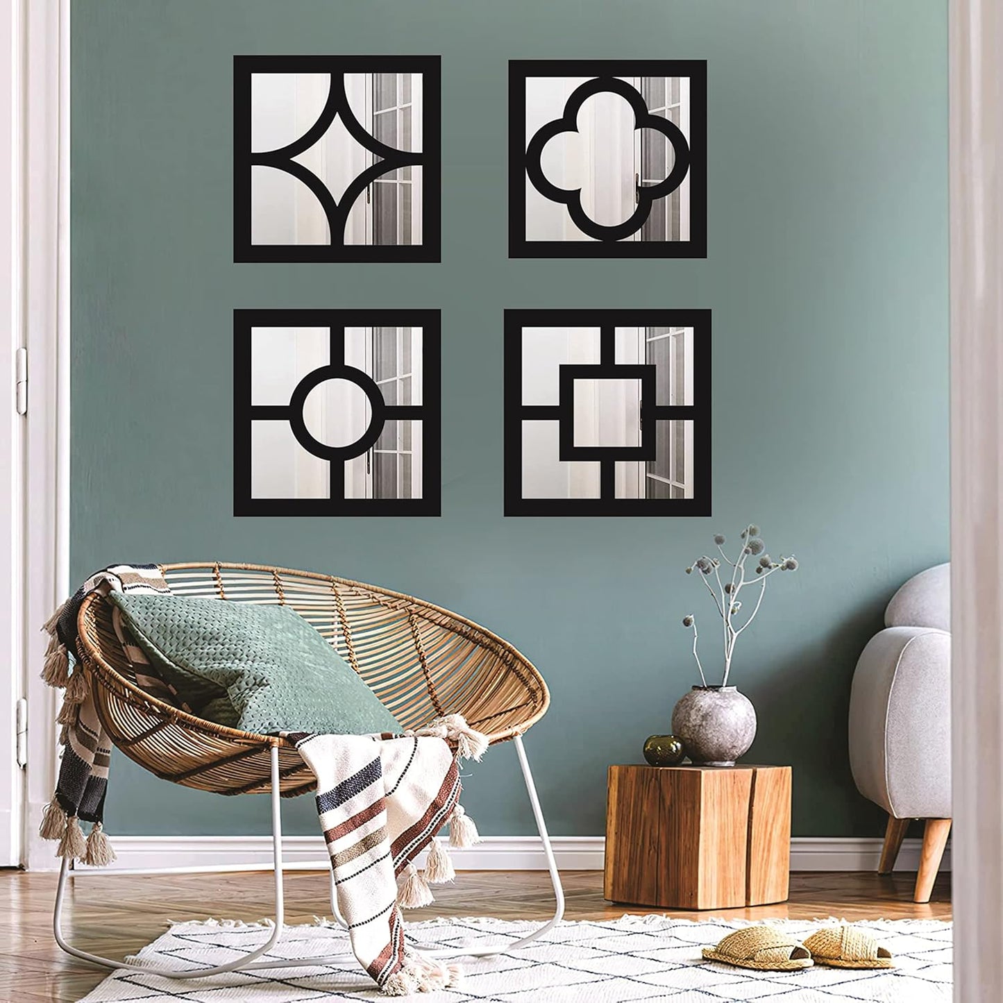 Handcrafted Wooden Wall Mirror Panel Set of 4 – HOME Letter Square Mirrors for Living Room, Bedroom, Lobby – Modern Black Wall Décor