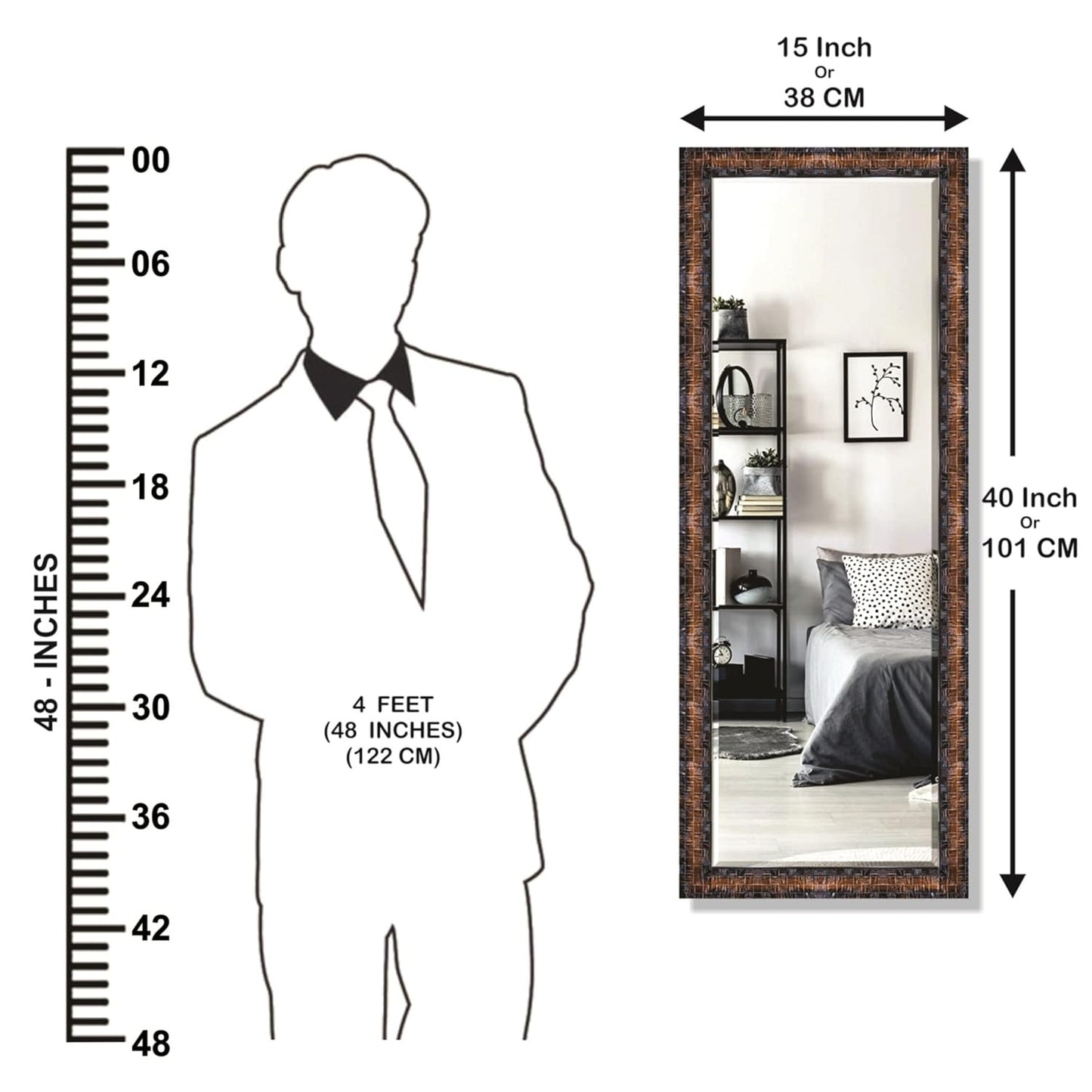 15x40 inch rectangular wall mirror with long fiber wood frame; wall-mounted design adds a sleek, modern touch to any home or living room décor