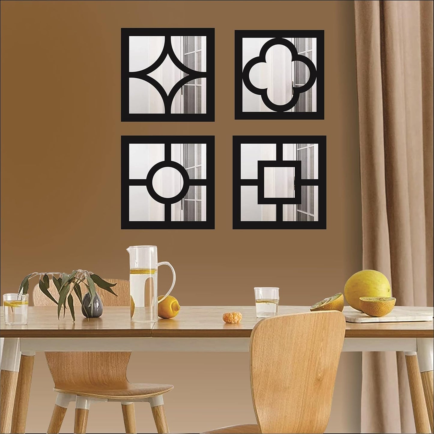 Handcrafted Wooden Wall Mirror Panel Set of 4 – HOME Letter Square Mirrors for Living Room, Bedroom, Lobby – Modern Black Wall Décor