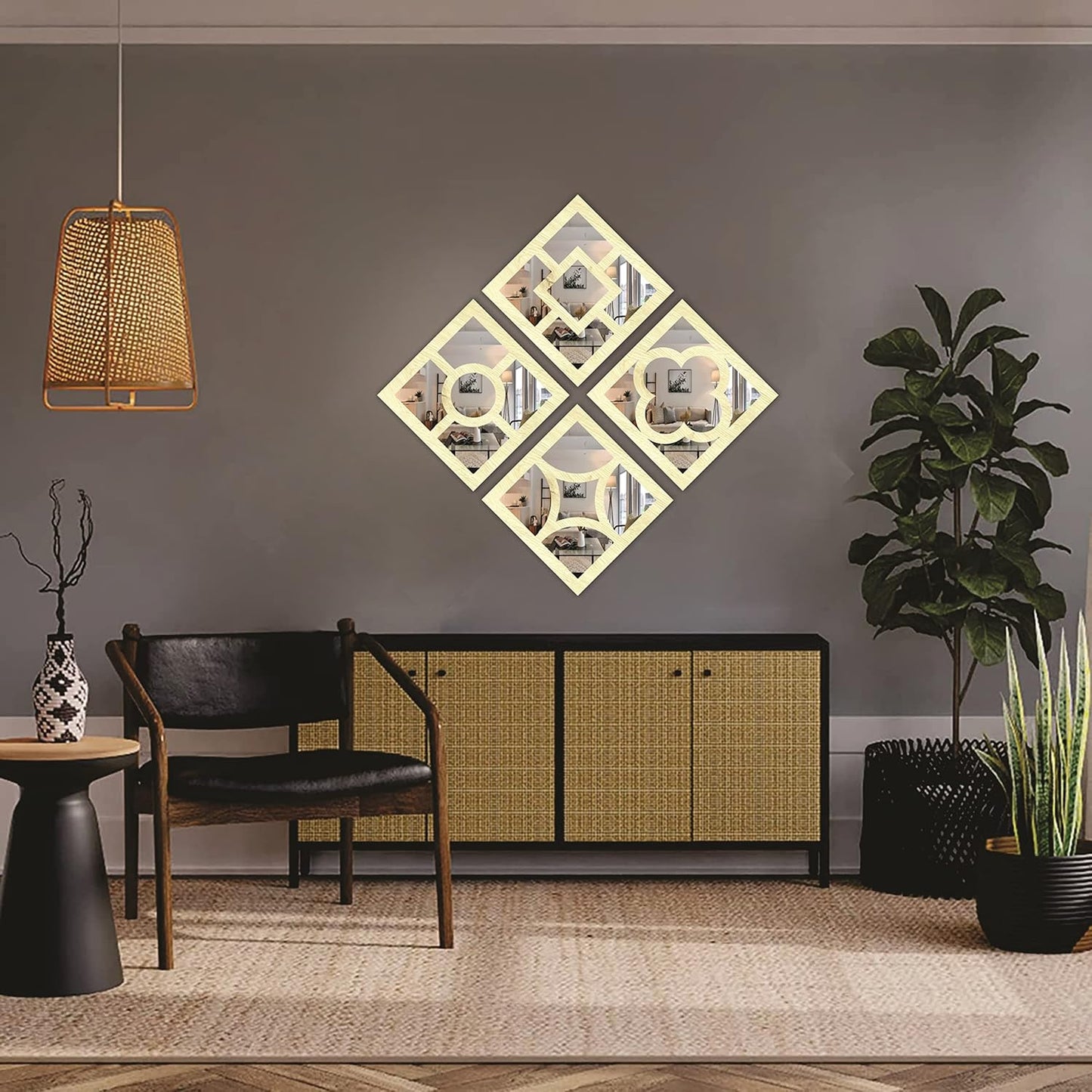 Handcrafted Wooden Wall Mirror Panel Set of 4 – HOME Letter Square Mirrors for Living Room, Bedroom, Lobby – Modern Black Wall Décor