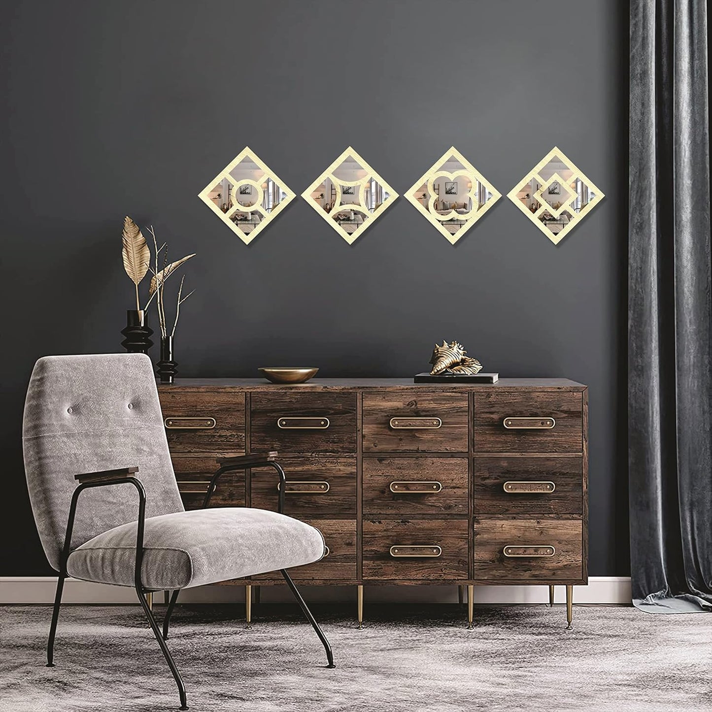 Handcrafted Wooden Wall Mirror Panel Set of 4 – HOME Letter Square Mirrors for Living Room, Bedroom, Lobby – Modern Black Wall Décor