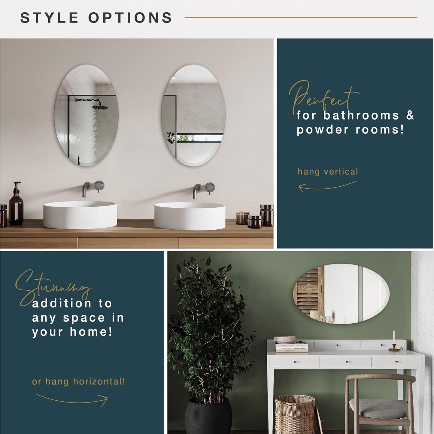 Frameless HD Oval mirror with beveled smooth edges and wall mount design; adds a clear, modern elegance to any home décor or living space