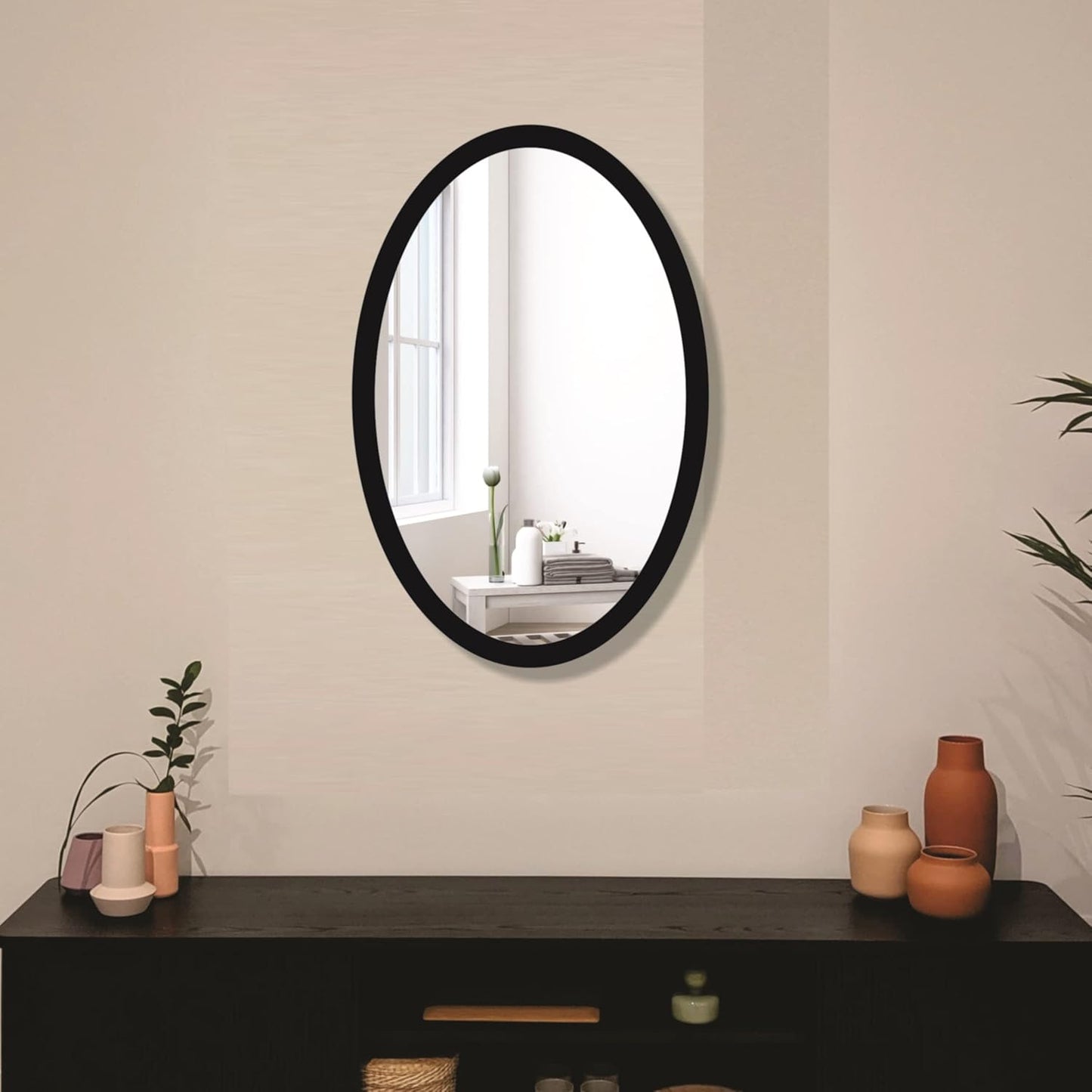 Wooden Oval Framed Wall Mirror for Bathroom, Bedroom, Living Room & Wash Basin – Vertical & Horizontal Mount, Lightweight & Stylish