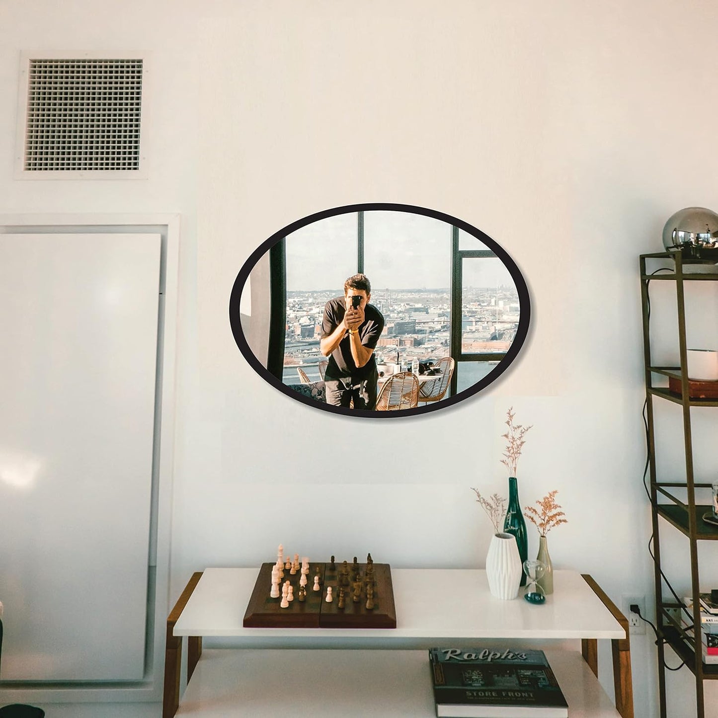 Wooden Oval Framed Wall Mirror for Bathroom, Bedroom, Living Room & Wash Basin – Vertical & Horizontal Mount, Lightweight & Stylish