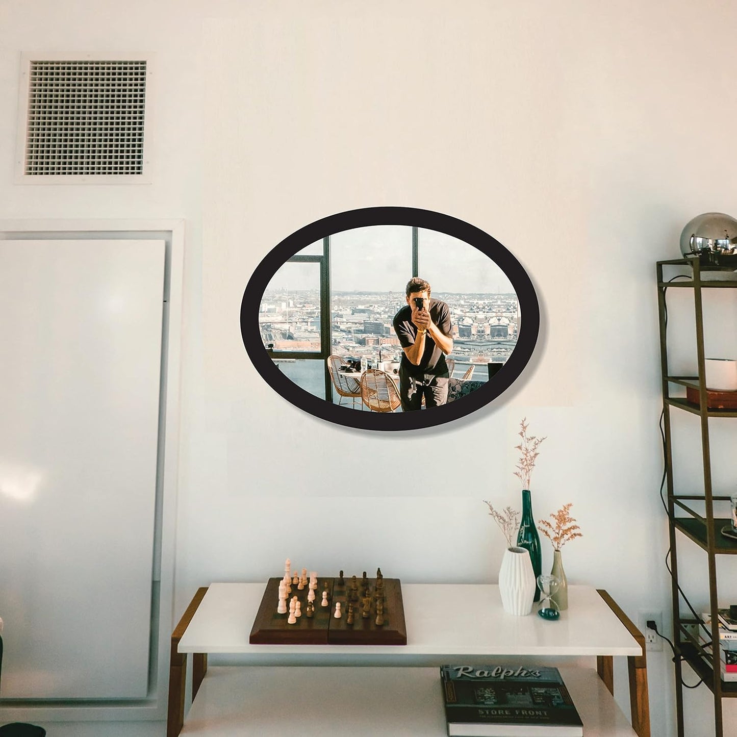 Wooden Oval Framed Wall Mirror for Bathroom, Bedroom, Living Room & Wash Basin – Vertical & Horizontal Mount, Lightweight & Stylish