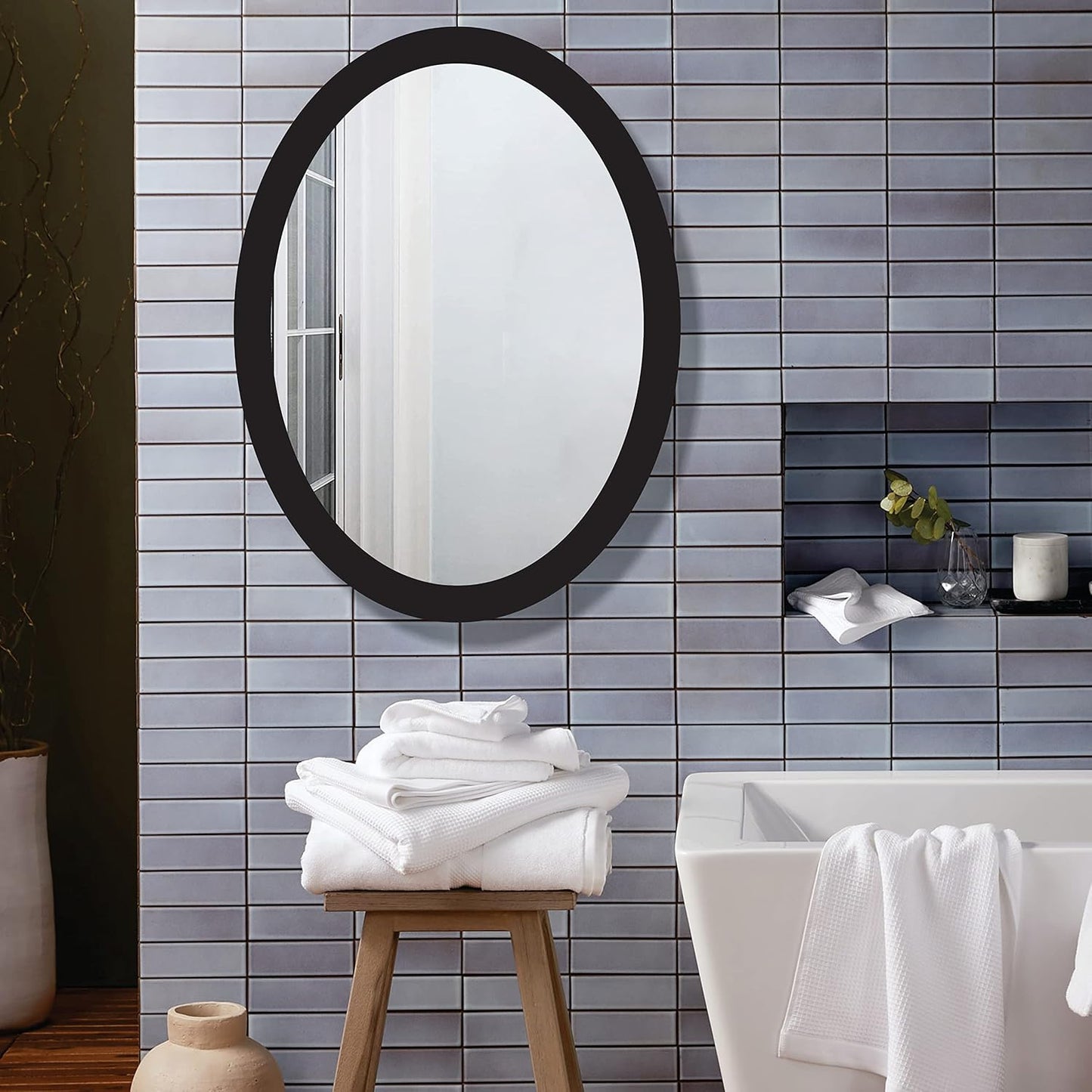 Wooden Oval Framed Wall Mirror for Bathroom, Bedroom, Living Room & Wash Basin – Vertical & Horizontal Mount, Lightweight & Stylish