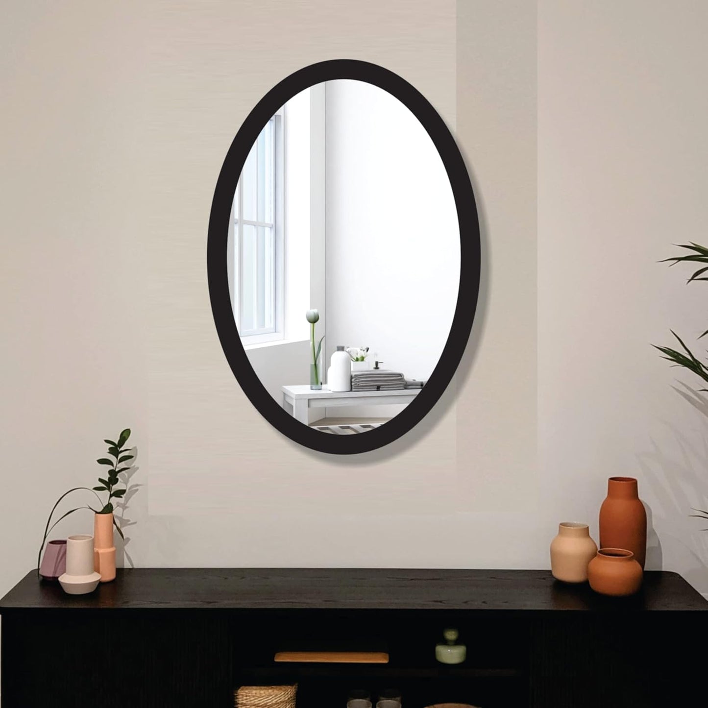 Wooden Oval Framed Wall Mirror for Bathroom, Bedroom, Living Room & Wash Basin – Vertical & Horizontal Mount, Lightweight & Stylish