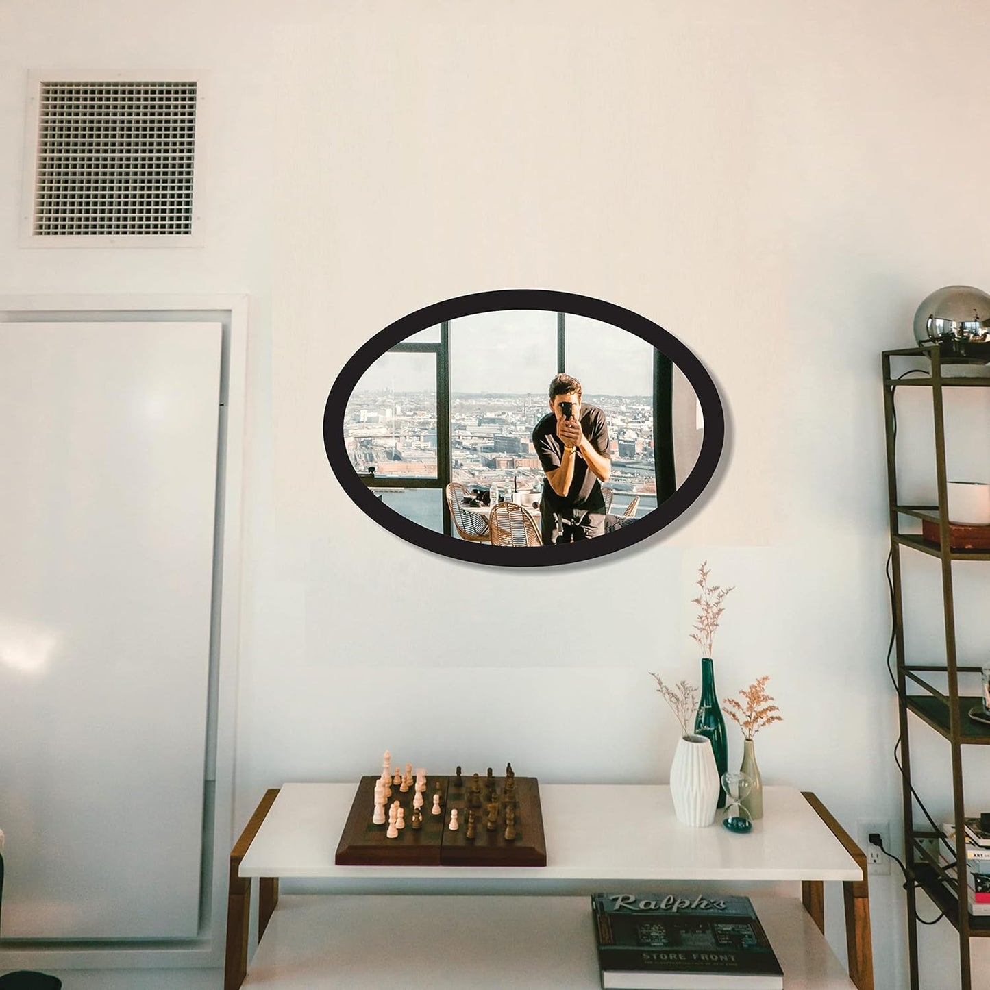 Wooden Oval Framed Wall Mirror for Bathroom, Bedroom, Living Room & Wash Basin – Vertical & Horizontal Mount, Lightweight & Stylish