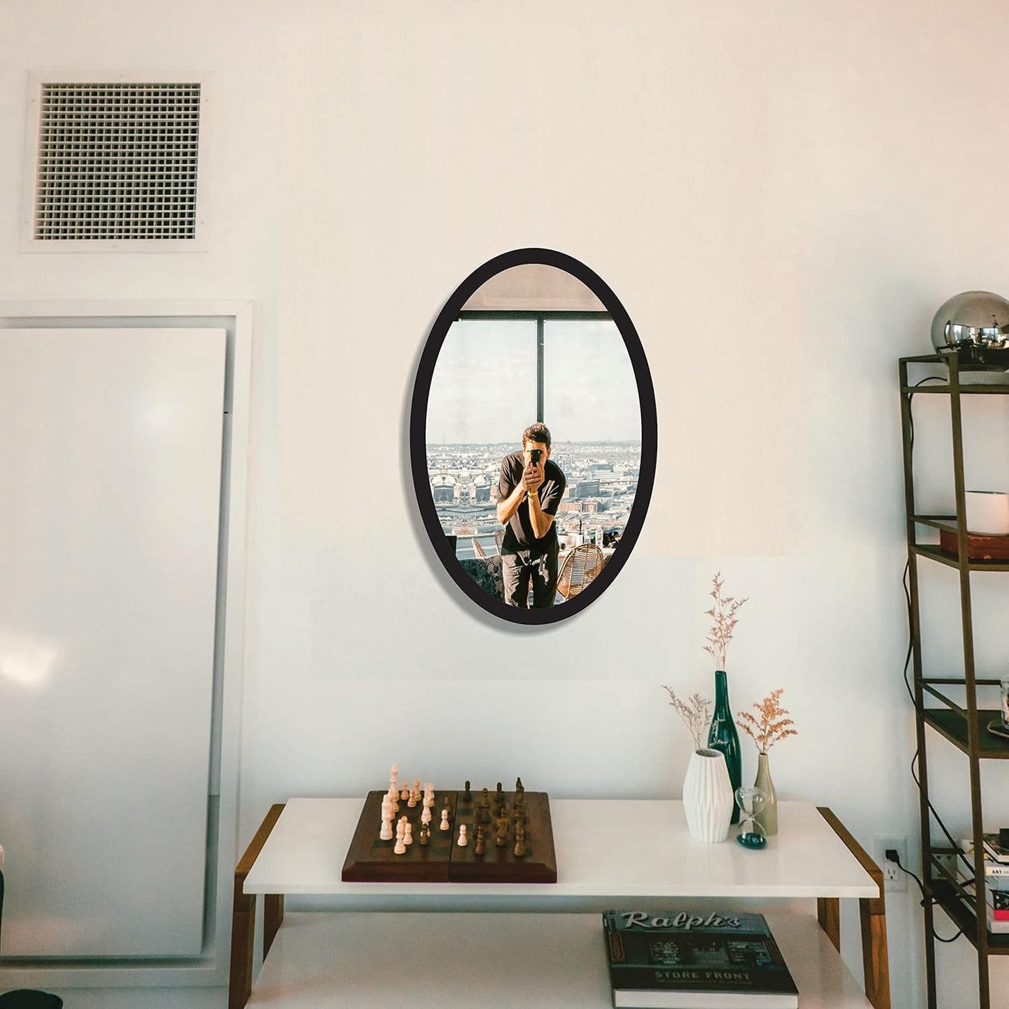 Wooden Oval Framed Wall Mirror for Bathroom, Bedroom, Living Room & Wash Basin – Vertical & Horizontal Mount, Lightweight & Stylish