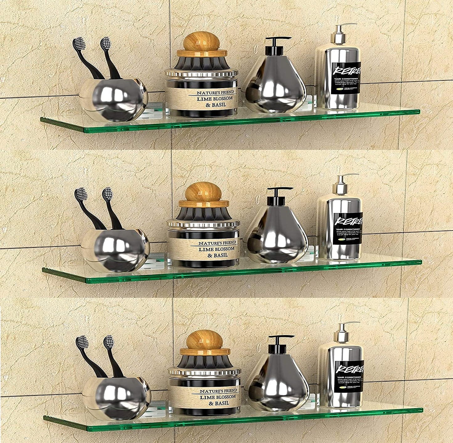 Set of 3 Wall Mounted Polished Glass Shelves | Multi-Purpose Floating Shelf for Bathroom, Kitchen, Living Room, Office, Bedroom