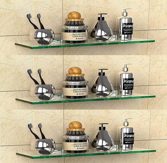 Set of 3 Wall Mounted Polished Glass Shelves | Multi-Purpose Floating Shelf for Bathroom, Kitchen, Living Room, Office, Bedroom
