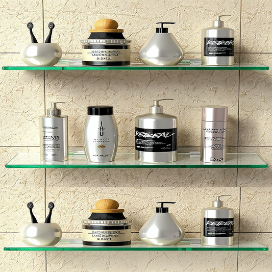 18x6 inch Set of 3 Wall Mounted Polished Glass Shelves | Multi-Purpose Floating Shelf for Bathroom, Kitchen, Living Room, Office, Bedroom